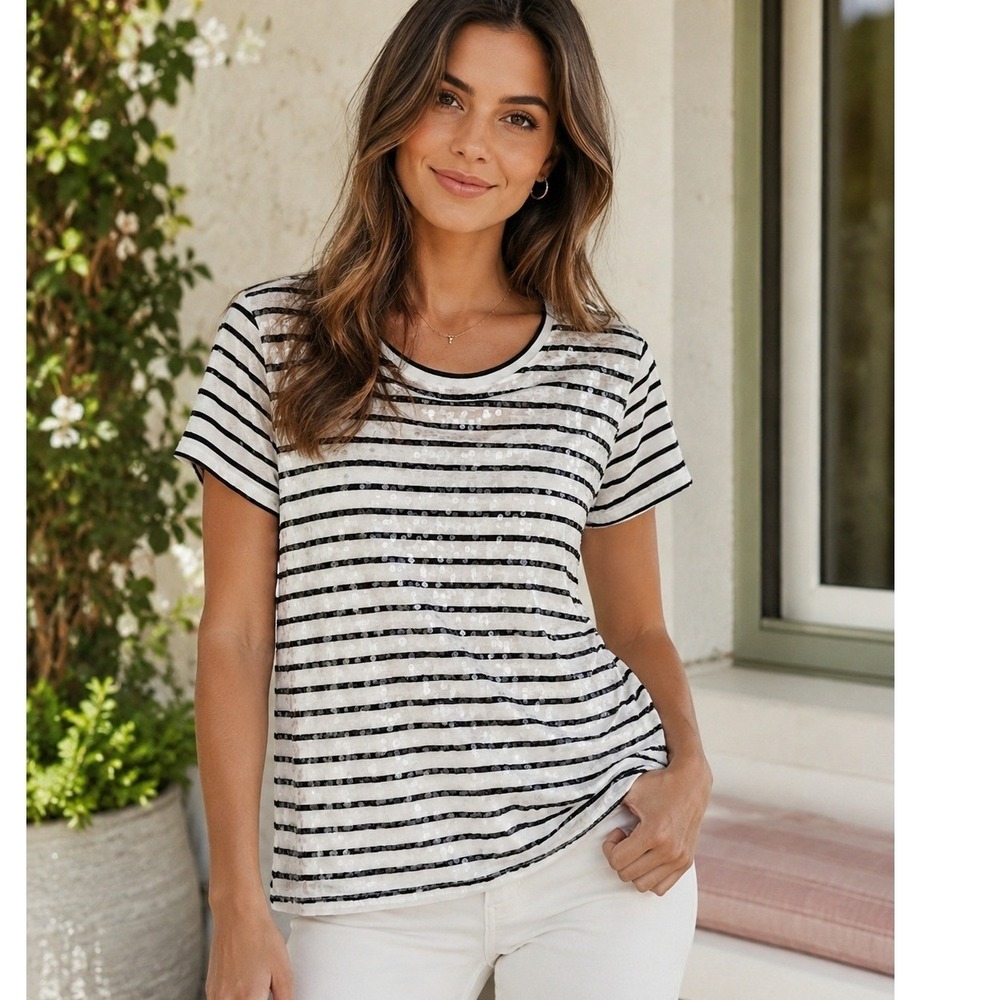Vince Camuto Striped Sequin Short Sleeve Top Black White Size M